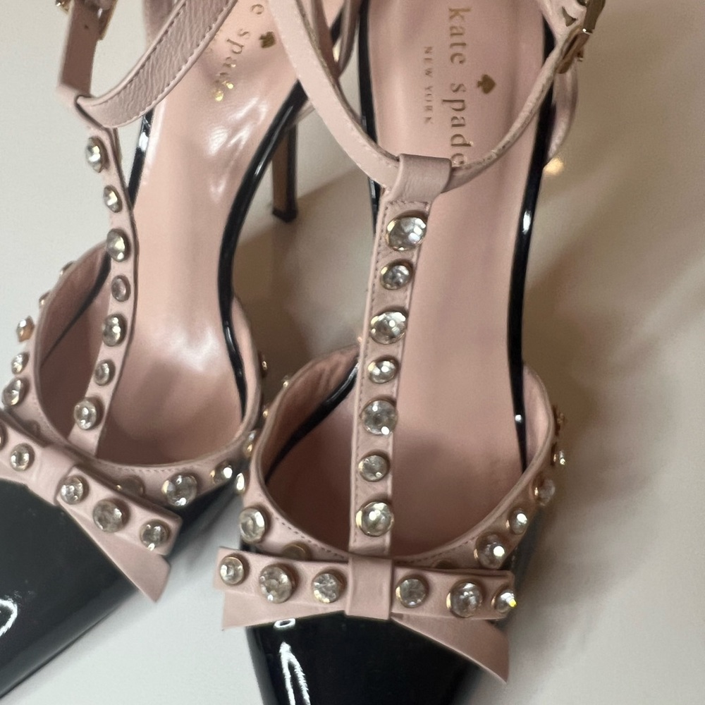 Kate Spade Lydia Black Patent Leather Shoes Pink Trim Studded Heels, Size 8